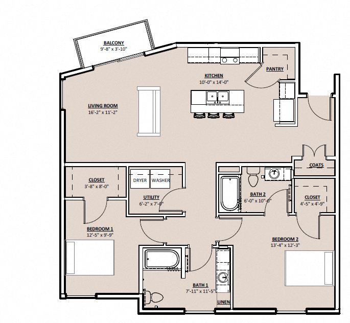 Floor plan for 2 beds, 2 baths, 1195 sqft